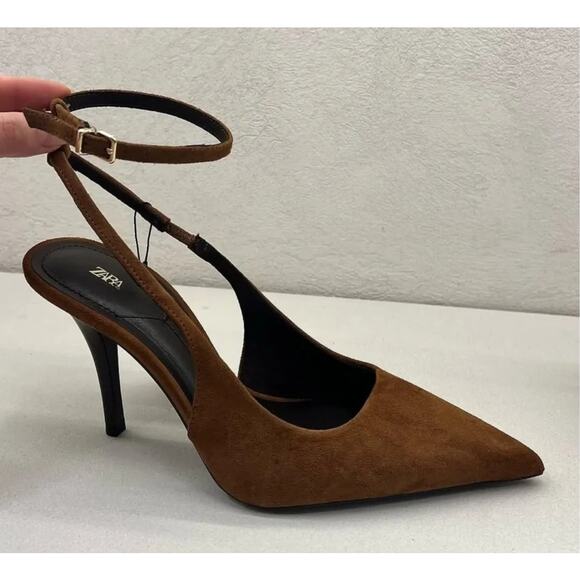 RARE!!! ZARA Brown Suede Leather Slingback Heels NWT 🤎 - Picture 8 of 16